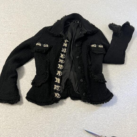 Gaetano Navarra Blazer Womens IT 40 Small Black Boucle Fringe Chain Italy Peplum - Picture 2 of 16